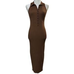 House of Harlow 1960 Ribbed Sleeveless Collared Midi Henley Dress Size L Brown